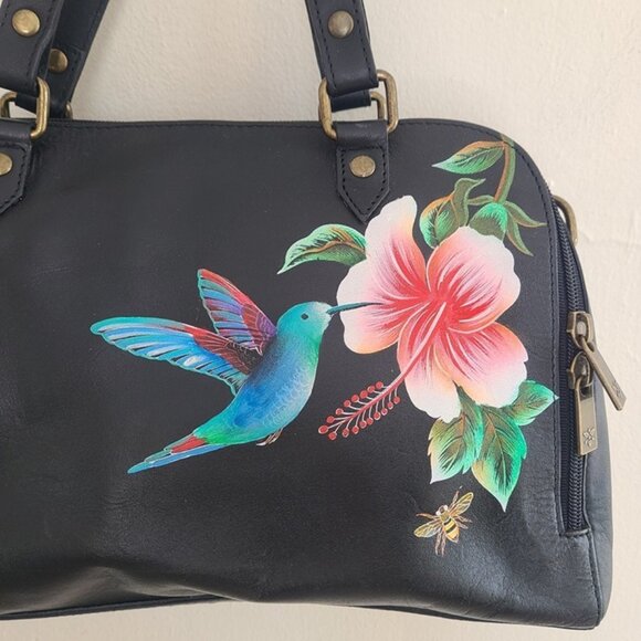 Anuschka Leather Hand Painted Wide Organizer Satchel Hummingbird Black - Picture 8 of 11